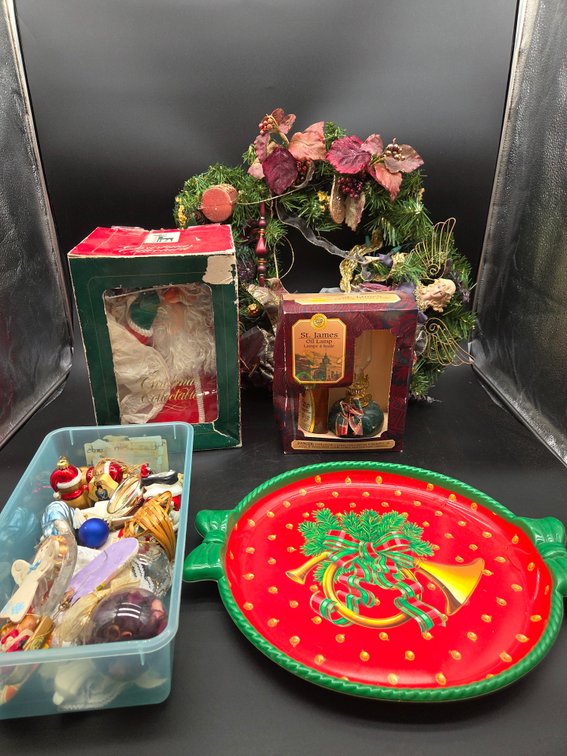 Christmas Wreath, Santa Figure, Oil Lamp, Tray, and Ornaments