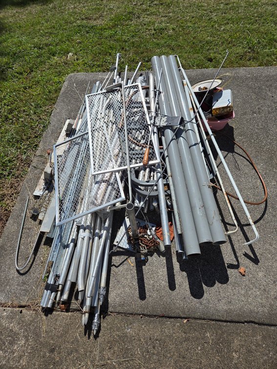 Metal Poles, Wire Mesh Panels, Pipes, and Hardware