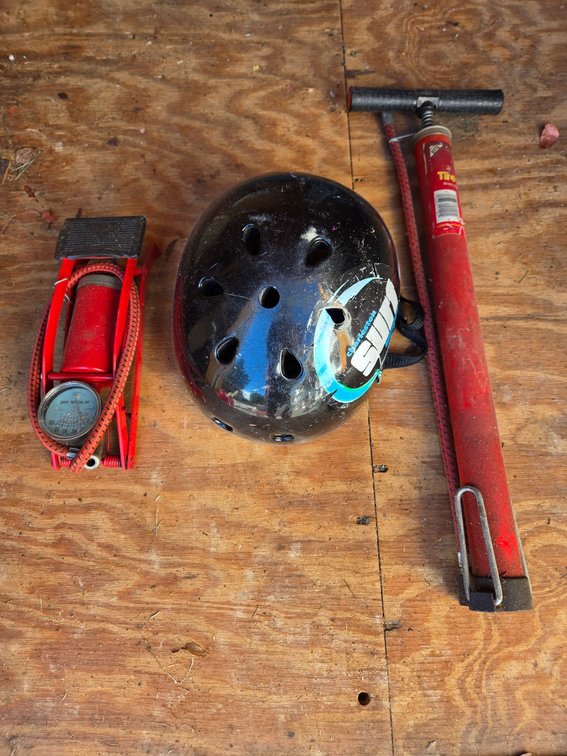 Multi-Sport Helmet, Floor Tire Pump, and Foot Pump
