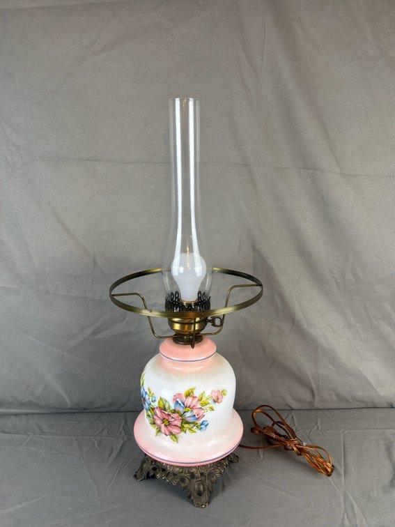 Electric Parlor Lamp with Floral Milk Glass Base