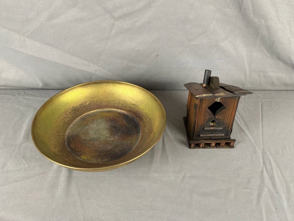 Footed Brass Pan and Miniature Wooden Outhouse