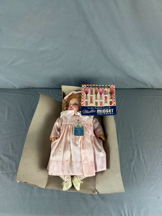 Doll in Pink Satin Dress and Miniature Tableware Set