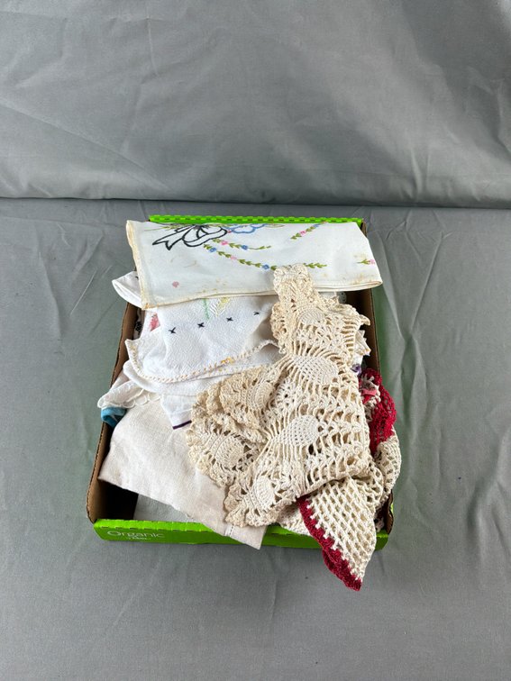 Crocheted Doilies, Embroidered Handkerchiefs, and Linens