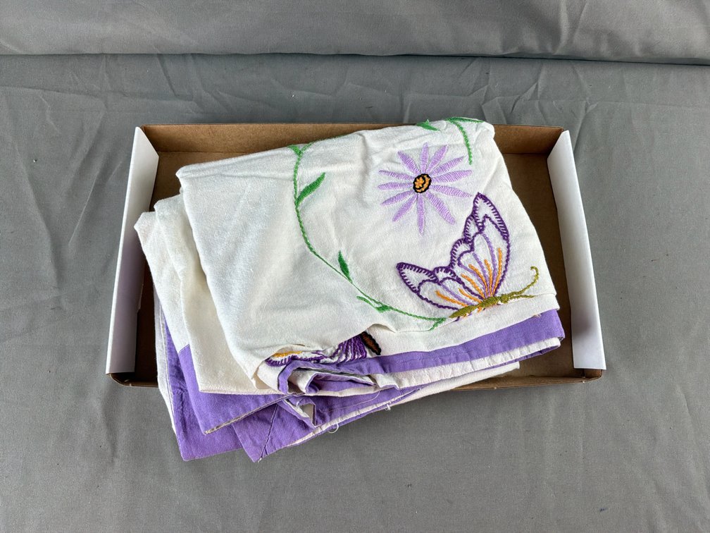 Embroidered Floral and Butterfly Textile with Purple Border