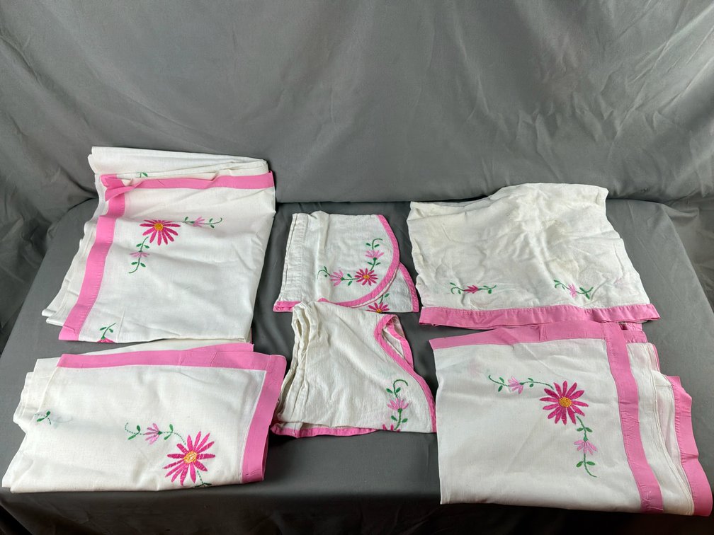 Embroidered Floral Linens with Pink Fabric Trim