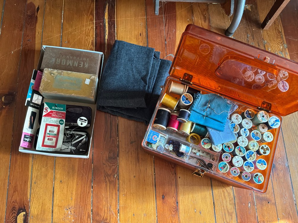 Sewing Organizer Box, Buttonholer, Thread, and Notions