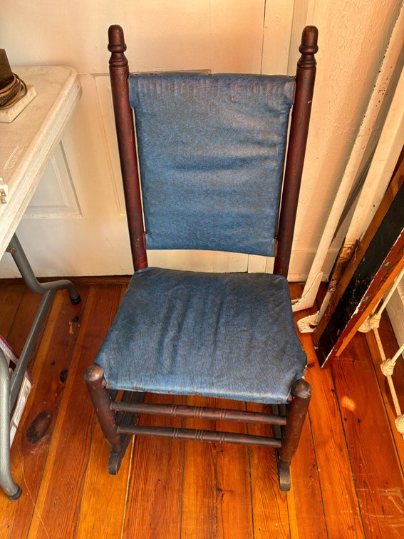 Turned Wood Rocking Chair with Blue Upholstery
