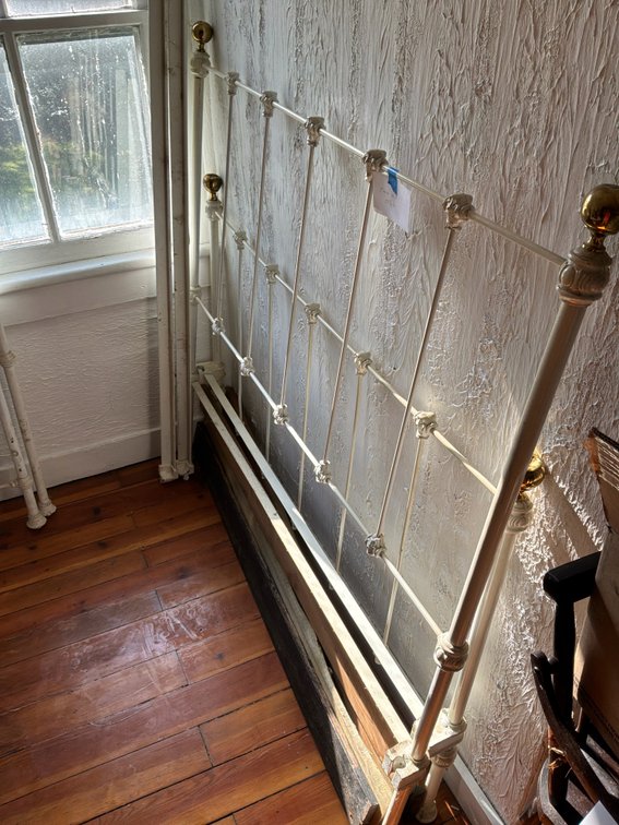 White Painted Metal and Brass Bed Frame