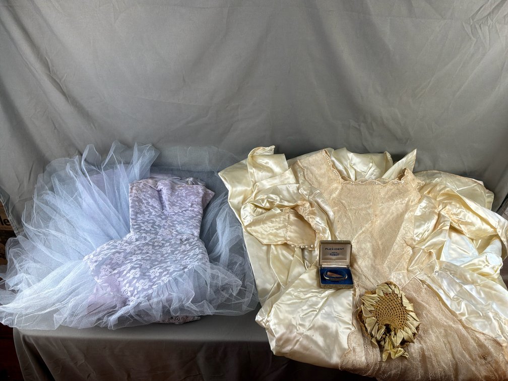 Satin and Lace Dresses, Identification Bracelet, and Headpiece