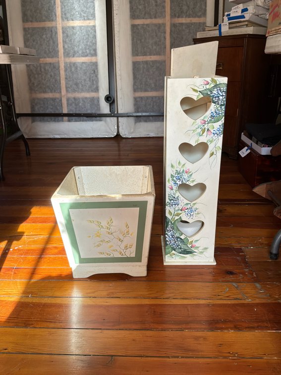 Hand-Painted Wooden Wastebasket and Heart Cutout Tower