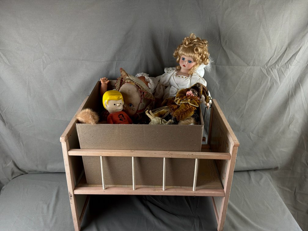 Painted Wooden Doll Crib, Dolls, and Figures