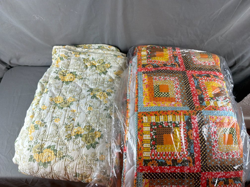 Patchwork Log Cabin Quilt and Floral Bedspread