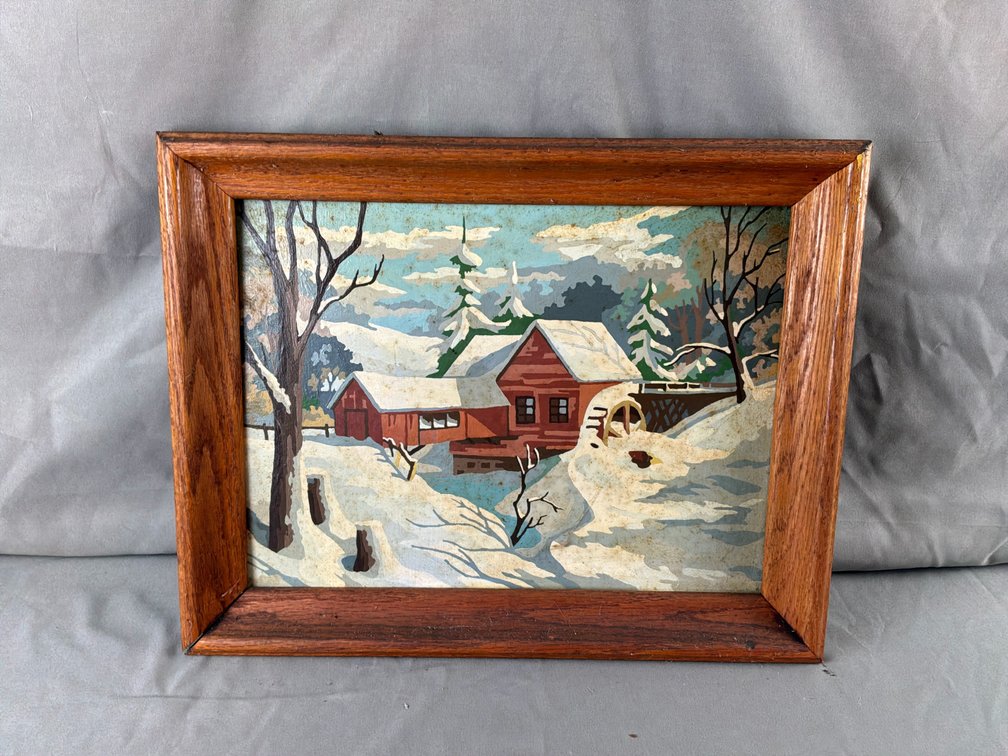 Framed Winter Landscape Painting of Red Mill