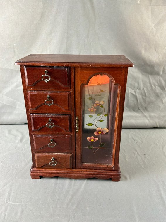 Wooden Jewelry Armoire with Floral Glass Door