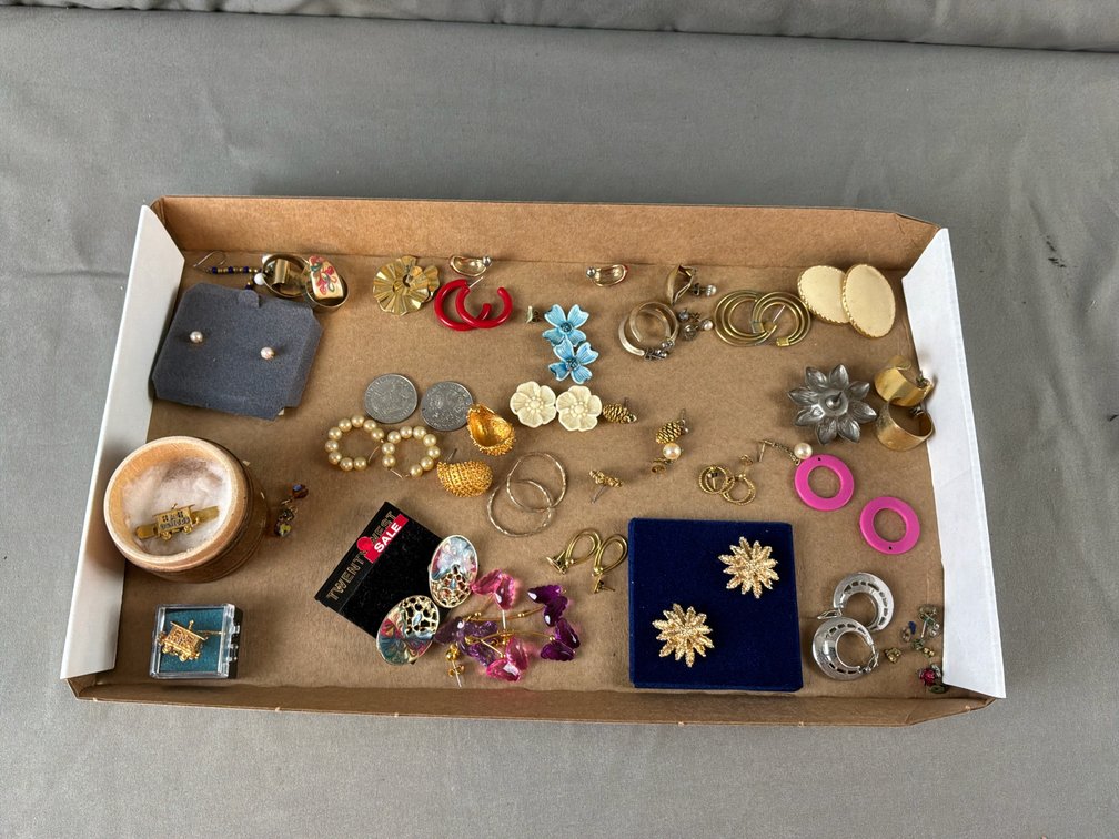 Costume Jewelry Earrings, Train Tie Clips, and Coins