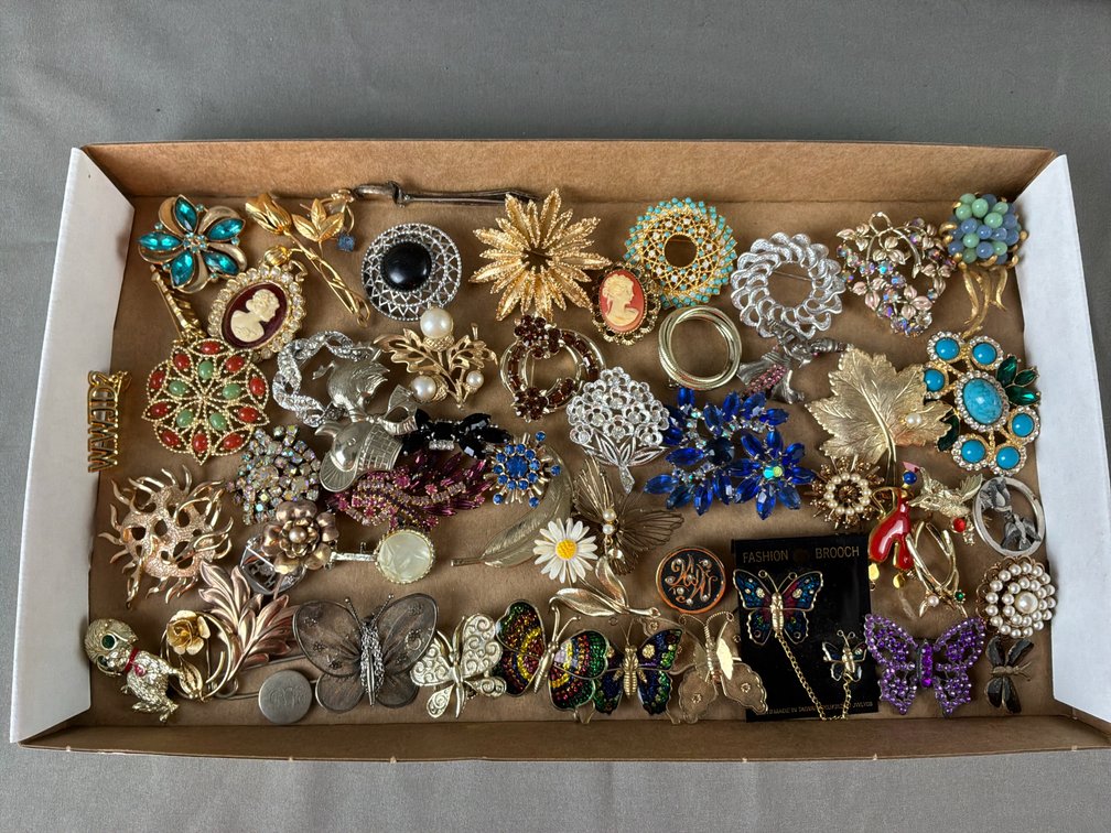 Costume Jewelry Brooches, Pins, and Butterfly Chatelaine