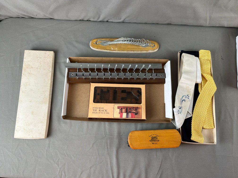 Wooden Tie Racks, Clothes Brush, and Neckties