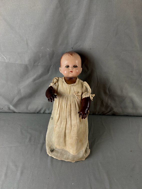 Molded Head Baby Doll in Off-White Christening Gown