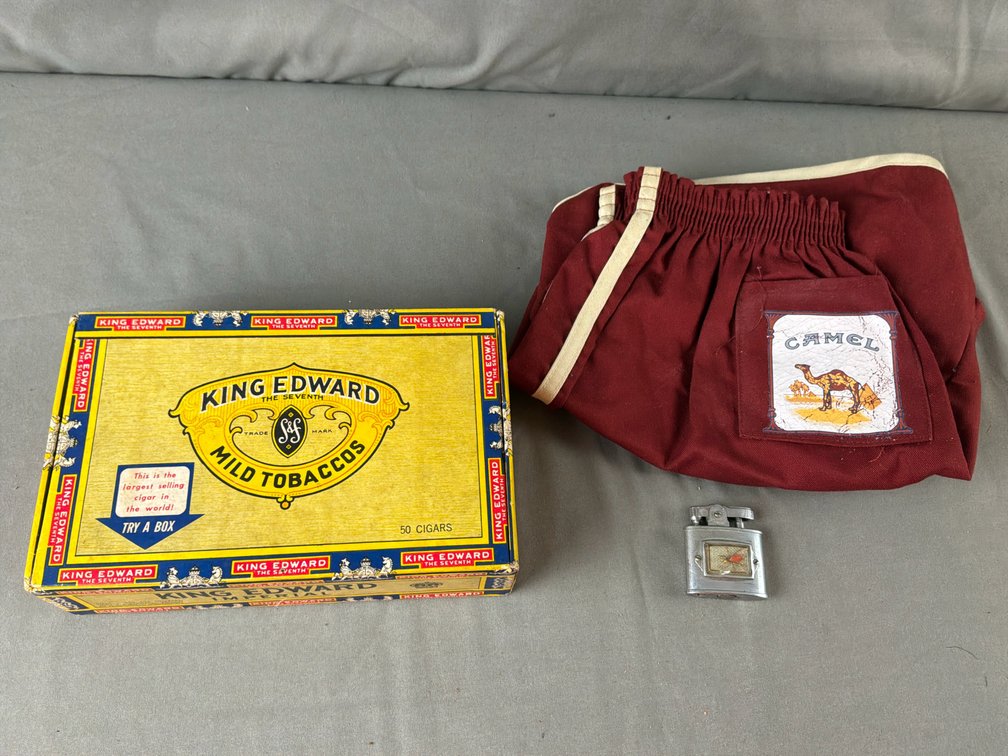 Cardboard Cigar Box, Athletic Shorts, and Pocket Lighter