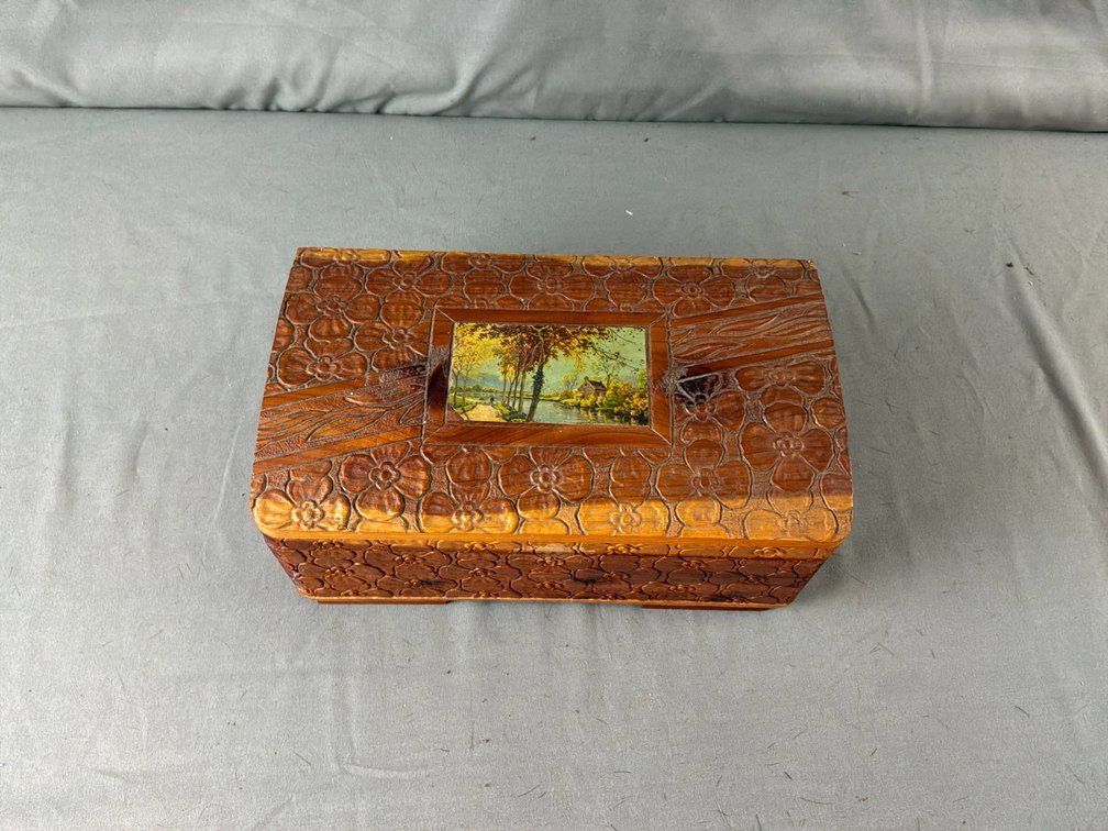 Carved Wooden Box with Landscape Insert and Mirror