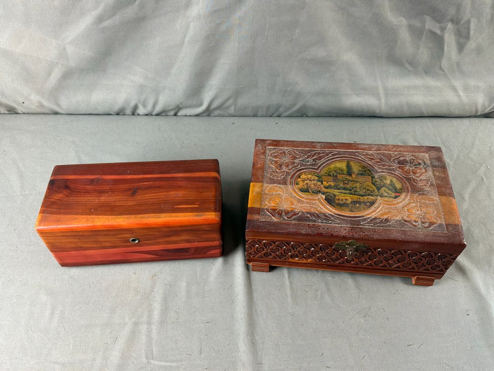 Carved Wooden Keepsake Box and Miniature Cedar Chest