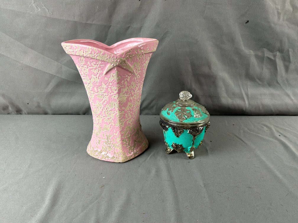 Pink Ceramic Vase and Footed Glass Trinket Jar