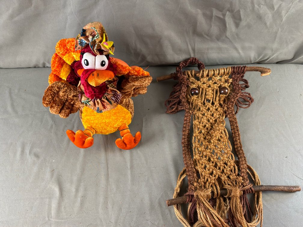 Plush Turkey and Macramé Owl Wall Hanging