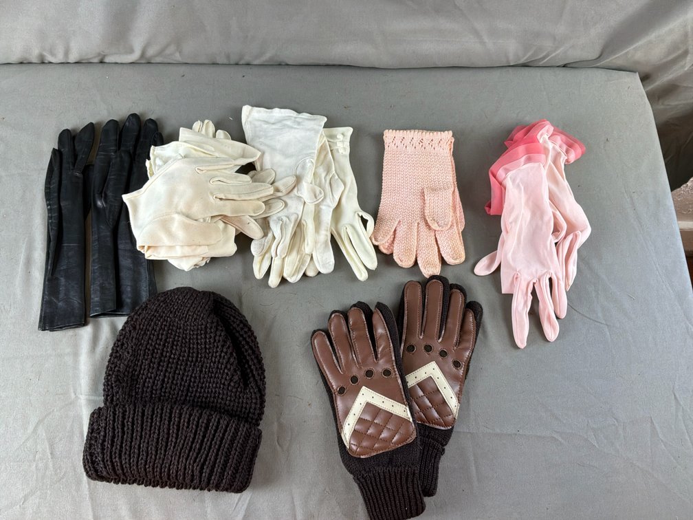 Leather Gloves, Fabric Dress Gloves, and Knit Beanie