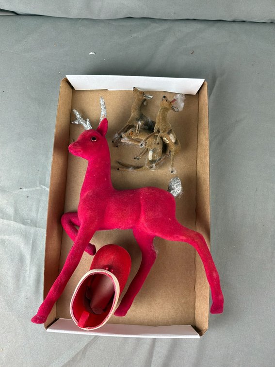 Flocked Reindeer Figurines and Miniature Santa Boot