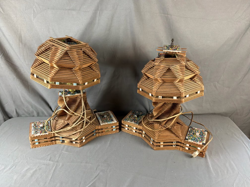 Pair of Folk Art Popsicle Stick Table Lamps