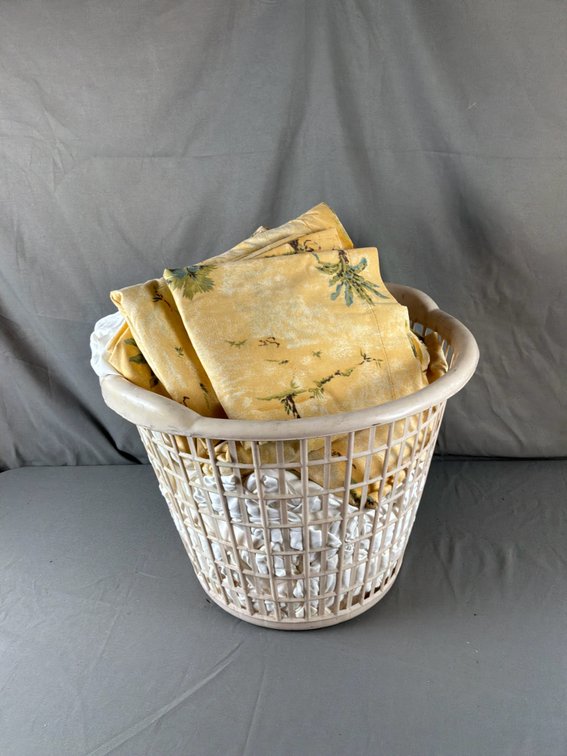 Plastic Laundry Basket, Printed Textile Panel, and Fabric