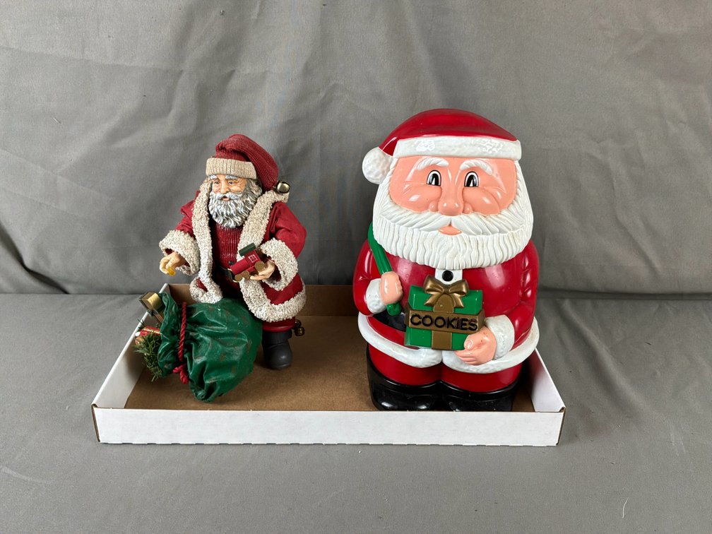 Santa Claus Fabric Figurine and Plastic Cookie Container