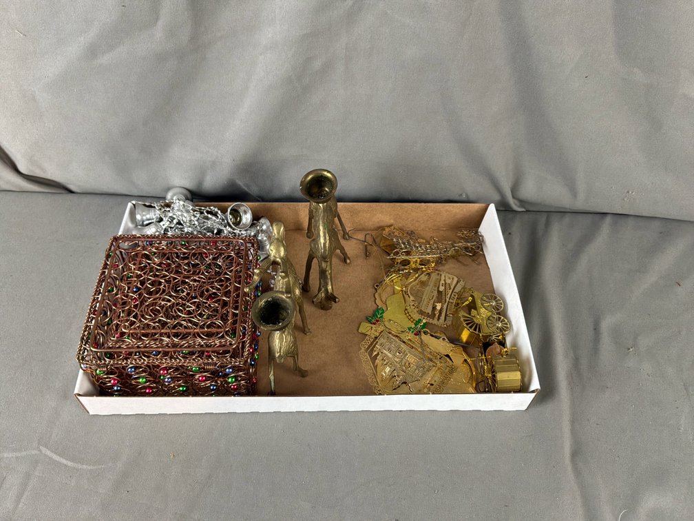 Brass Deer Candle Holders, Beaded Box, and Holiday Ornaments
