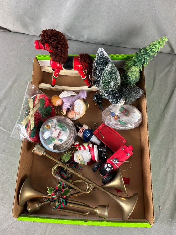 Wooden Rocking Horse, Brass Candle Holders, and Holiday Decor