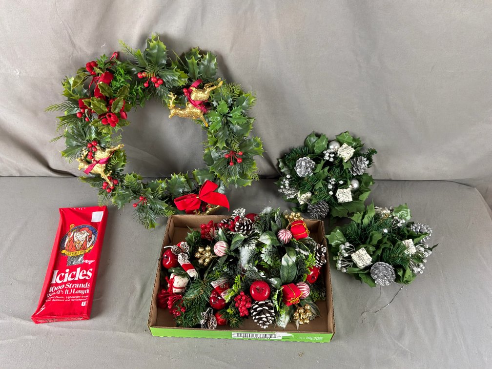 Artificial Christmas Wreaths, Candle Rings, and Tinsel Icicles