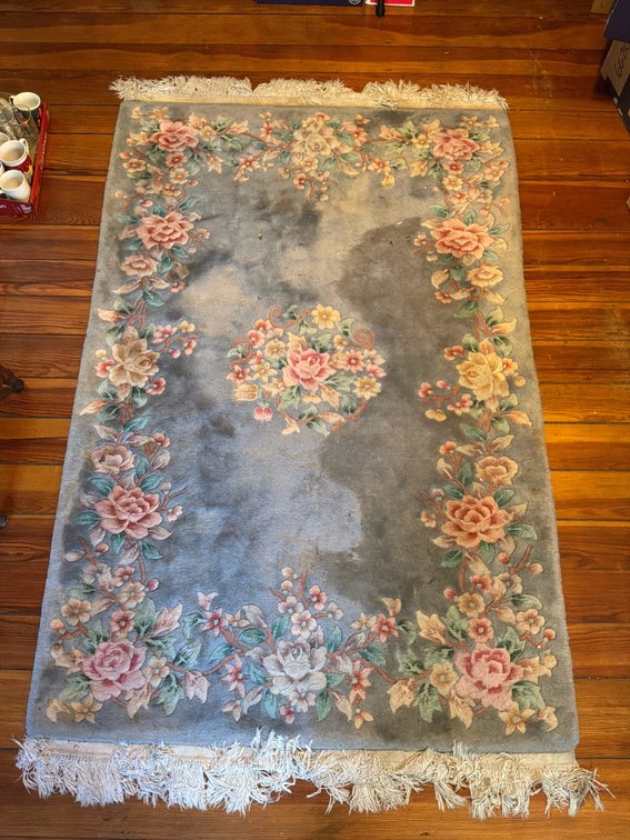 Carved Wool Pile Floral Area Rug, 4 x 6.5 ft