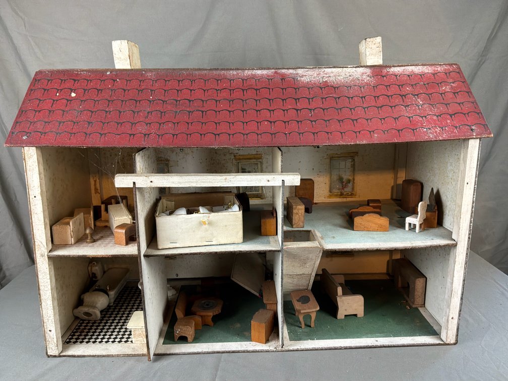 Wooden Dollhouse with Portico and Miniature Furnishings