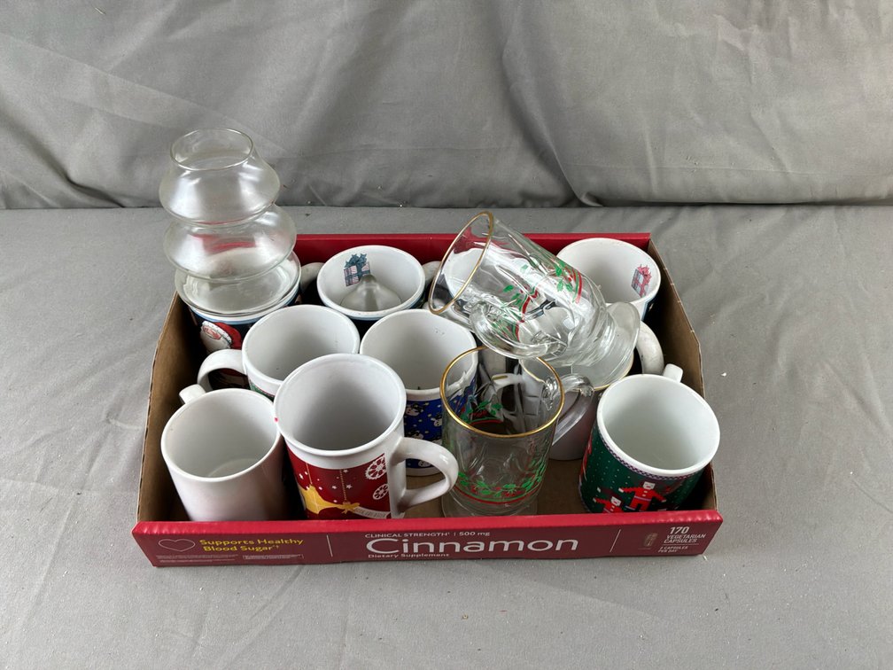 Holiday Ceramic Mugs, Glass Footed Mugs, and Tiered Glass Jar