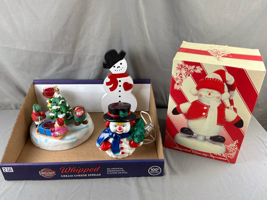 Snowman Figurines, Candle Holder, and Holiday Decor