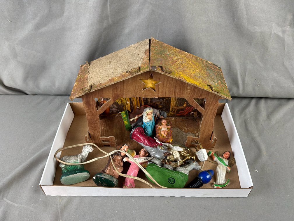 Wooden Nativity Crèche with Painted Figures and Light Cord