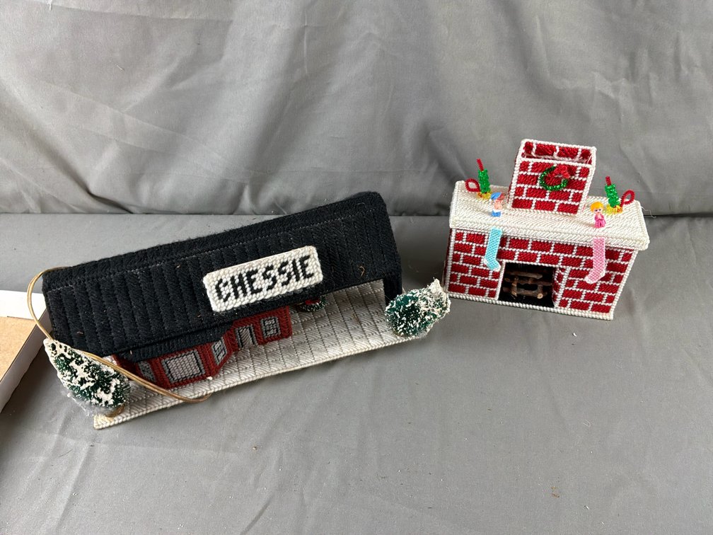 Handmade Plastic Canvas Train Depot and Fireplace