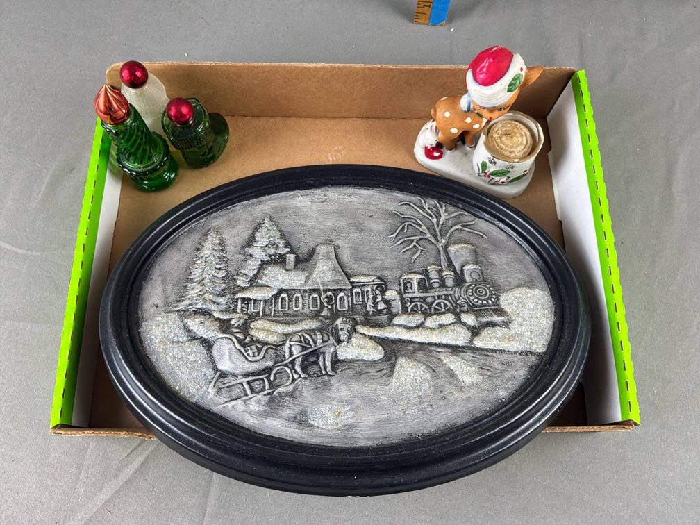 Winter Scene Plaque, Ceramic Deer Figurine, and Glass Bottles