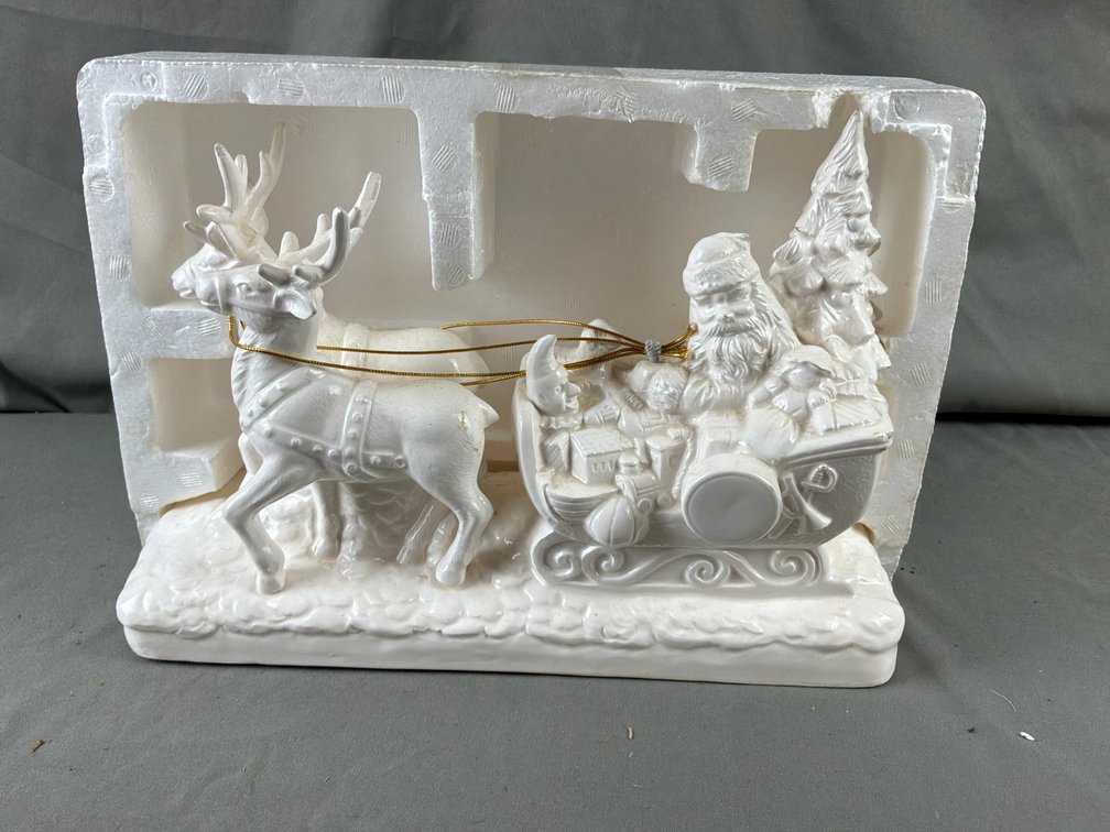 White Ceramic Santa in Sleigh with Reindeer Figurine