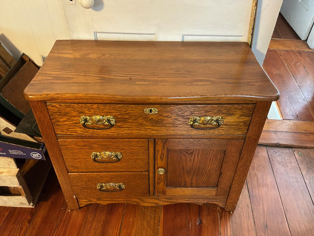 Oak Washstand Cabinet with Drawers and Cupboard