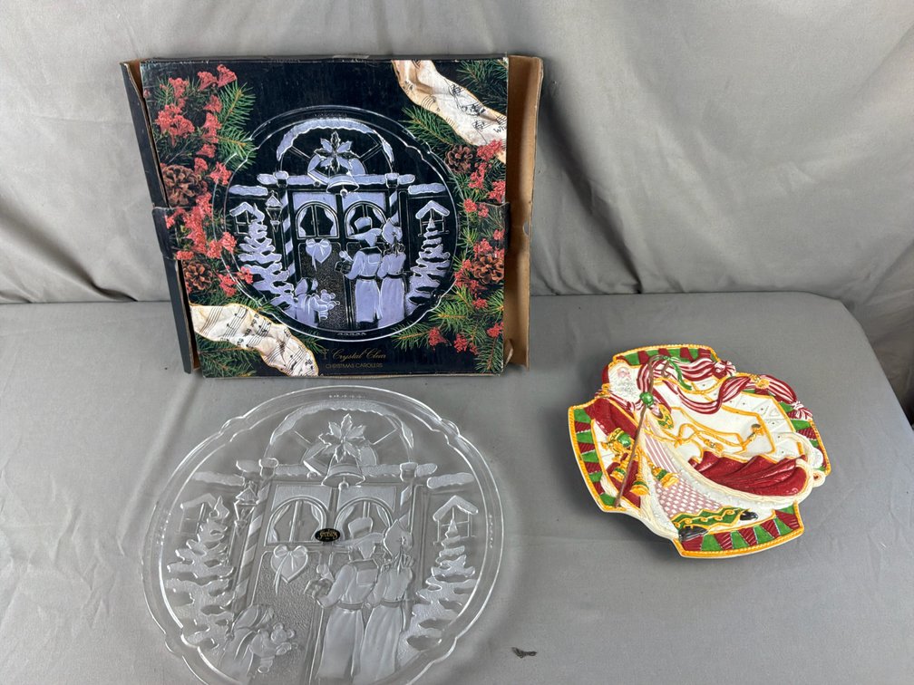 Holiday Glass Platter with Box and Ceramic Santa Dish