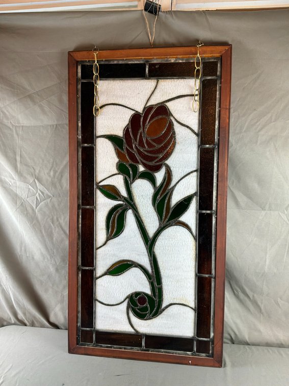 Framed Leaded Stained Glass Rose Panel
