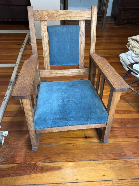 Mission Style Oak Rocking Chair with Blue Upholstery
