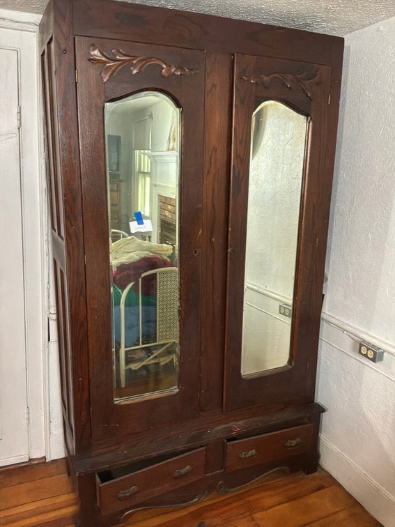 Dark Wood Mirrored Two-Door Armoire with Drawers
