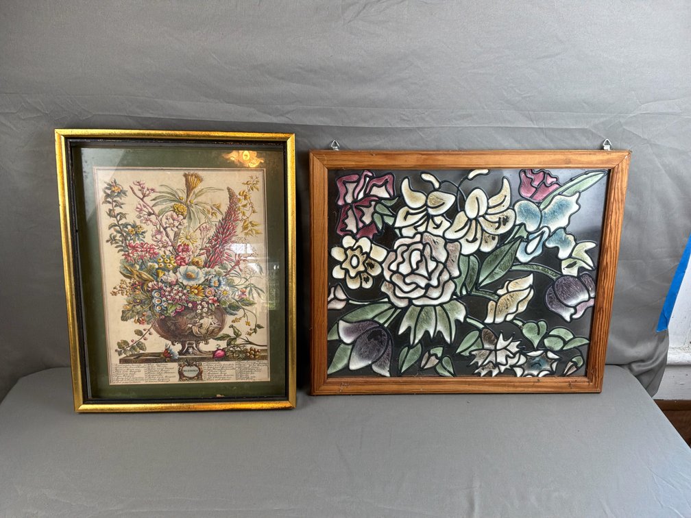 Framed Botanical Print and Faux Stained Glass Panel