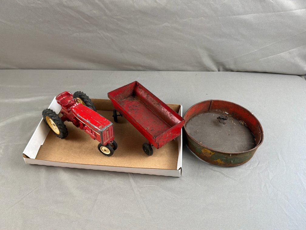 Metal Toy Tractor, Wagon Trailer, and Tin Mesh Sifter